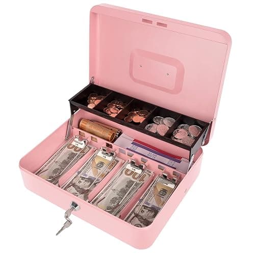 Cash Box with Money Tray and Key Lock, Money Box with Safe Locking, Money Saving Lock Box for Cash Register 11.8"x9.45"x3.54" Pink XL Large - Image 1
