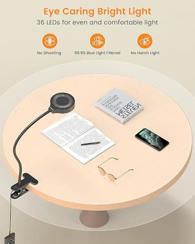Glocusent 5W Clip on Light, 36 LED Eye Caring Reading Light for Bed, 3 Colors & 5 Brightness Clip on Lamp with Adapter, Perfect Desk Lamp with Clamp/Bunk Bed/Headboard/Table thumbnail 2