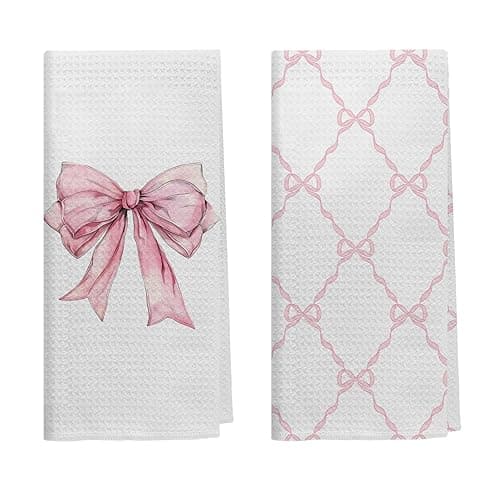 Kemingni Coquette Pink Bow Kitchen Towels Set of 2, Preppy Pink Ribbon Pattern Hand Towels for Bathroom, Girly Coquette Bathroom Decor, Bow Aesthetic Dish Tea Towels for Kitchen, 16x24 inches - Color 01