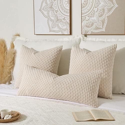 Kevin Textile 14x36 Inch Long Lumbar 1 Pack Boho Decorative Throw Pillow Cover Soft Striped Corduroy Rectangle Cushion Case Farmhouse Solid Color Accent for Living Room Couch Sofa Bed, Cream White thumbnail 5