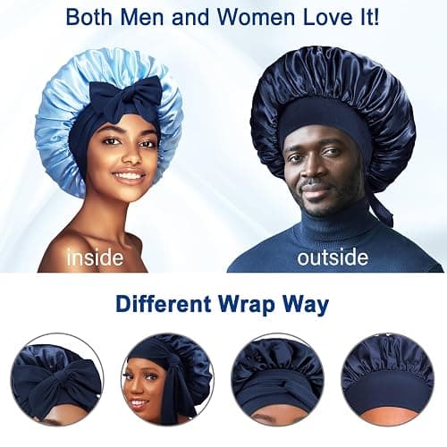Double Layered Silk Satin Bonnet with Tie for Sleeping Black Women, Wide Band Large Hair Wrap Sleep Cap for Curly Hair Braid thumbnail 6
