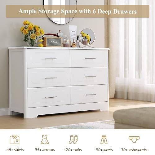 NEEEED THIS.    HOSTACK 6 Drawer Dresser, Modern White Double Dresser, Wide Chest of Drawers with Metal Handels, Accent Wood Storage Chest Organizers for Living Room, Hallway, Entryway (Trapezoid/White) thumbnail 7