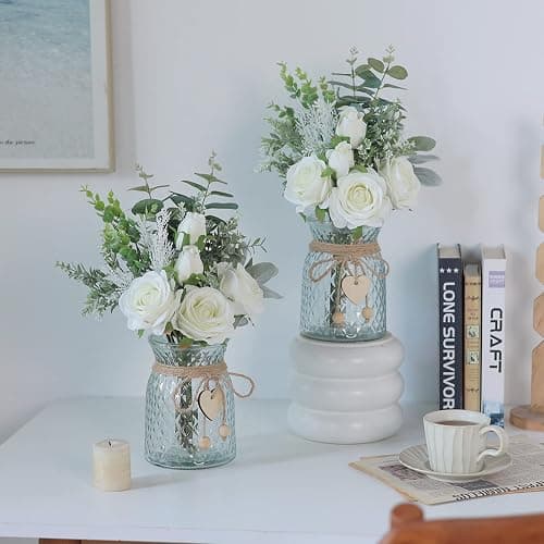 Faux Flowers with Vase,Artificial Silk Roses in Vase, Fake Plant Eucalyptus Flower Arrangement for Home Office Farmhouse Bathroom Dining Table Centerpiece Decorations Coffee Table Decor (White) thumbnail 9