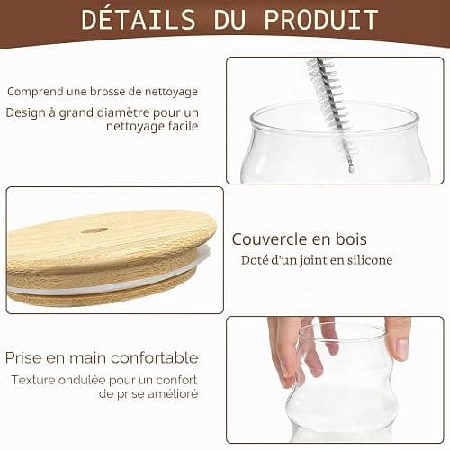 xuefenfei 530ml Verres à Bulles Avec Paille, Lot de 2 Verre Matcha, Tasses en Verre Nervuré Café avec Brosse, pour Latte Macchiato, Café Glacé, Thé, Glace, Lait, Jus, Soda thumbnail 4