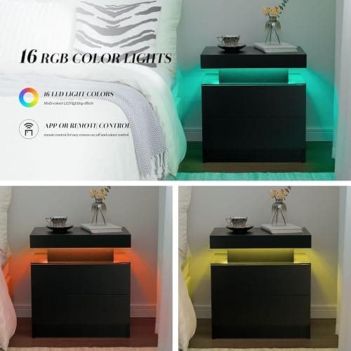 Cubehom Black Nightstand LED Set of 2 Black Bedside Table LED Night Stand with LED Lights Modern End Side Table with 2 Drawers for Bedroom - Deep Black thumbnail 6