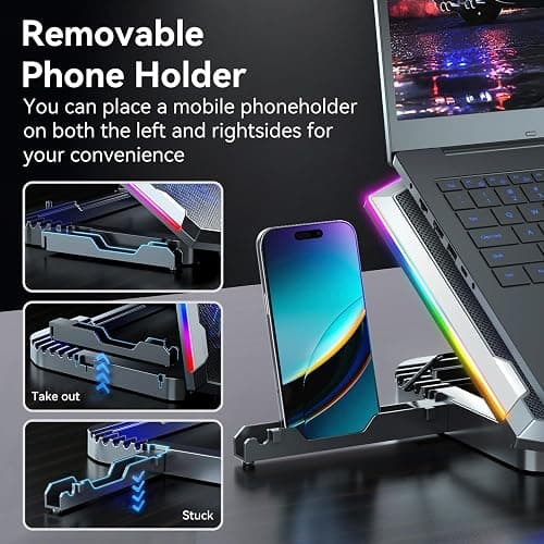 ICE COOREL Gaming Laptop Cooling Pad with 8 Cooling Fans, Laptop Fan Cooler Pad for 15-17.3 Inch, Notebook Cooler Stand with 6 Height Adjustable, RGB Cooling Pad with Two USB Port + Phone Stand thumbnail 5