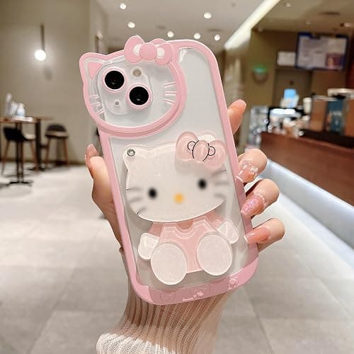 Olntun for iPhone 16 Cute Cartoon Case,Women Girls Kids 3D Bow Kawaii Pink Cat Face Makeup Mirror Soft TPU Clear Protective Phone Cover for iPhone 13 6.1inch thumbnail 4
