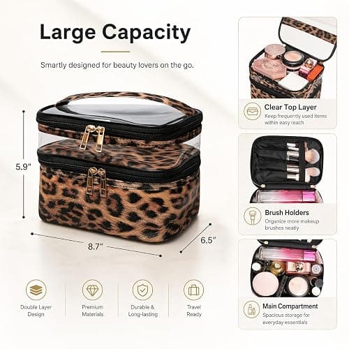 imerelez Double-layer Cosmetic Bag Makeup Bag Travel Makeup Bag Makeup Bags for Women Cosmetics Cases Portable Waterproof Foldable (Leopard) thumbnail 4