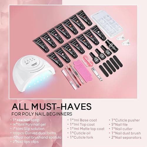 JEWHITENY 14 Colors Poly Extension Gel Nail Kit With U V Lamp Nude Pink White Brown All In One Poly Gel Starter Kit With Base Top Coat Manicure Salon Frence Nail Art DIY thumbnail 2