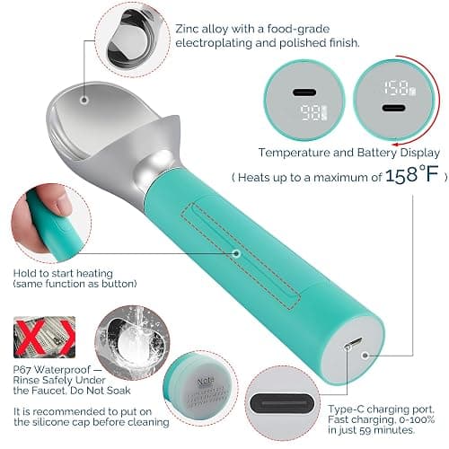 Heated Ice Cream Scoop Rechargeable, Electric Warming Ice Cream Scooper with LED Display, Heats to 158°F for Hard Ice Cream, Easy for Seniors & Kids, IP67 Waterproof (Retro Mint, 2oz) thumbnail 3