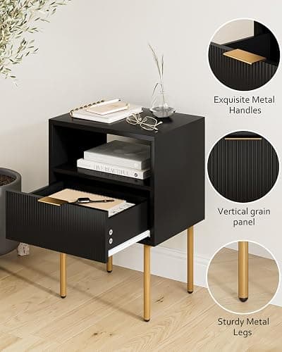 Masupu Nightstand,Mid-Century Modern Bedside Table with Storage Drawer and Open Wood Shelf,Small Gold Frame Side Table for Bedroom,Living Room,Black thumbnail 3