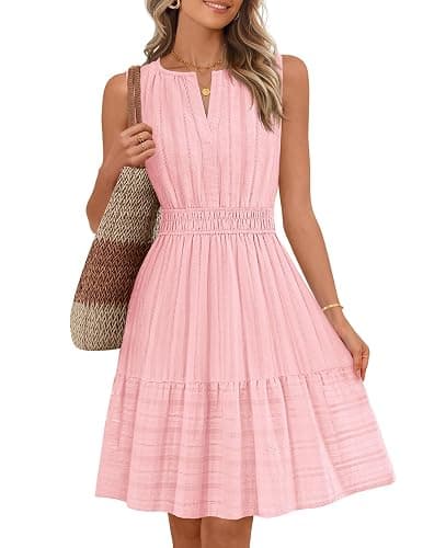 MEROKEETY Womens Summer Casual Beach Vacation Sleeveless Mini Sundress 2026 | V Neck, A Line, Solid Color, Ruffle Hem, Flowy Swing Sun Dress, Elastic Waist, Cotton, Wedding Guest Graduation Short Dress - Image 1