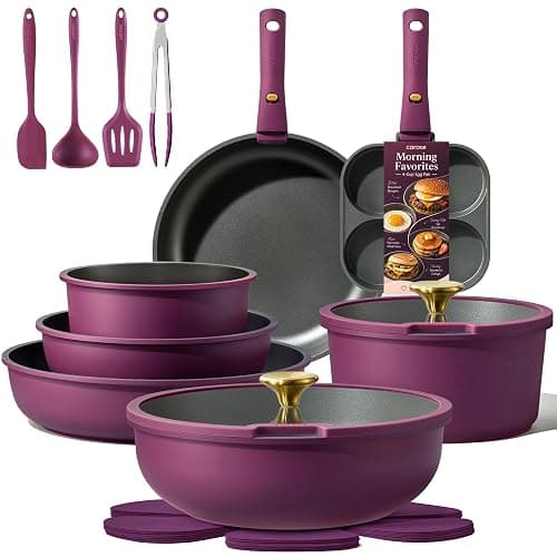 CAROTE 21pcs Pots and Pans Set Non Stick, Detachable Handle Cookware Sets | Ultra Nonstick, Space Saving, Dishwasher & Oven Safe, Non-Toxic Kitchen/Apartment/Camping/RV/ Traveling, Purple - Image 1