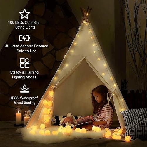Minetom 33ft Plug in Star String Lights with Remote and Timer | 33ft Durable Wire, 100 LED Star Bulbs, Warm White Glow, Adjustable Brightness, Waterproof for Bedroom Porch Tent Indoor Décor thumbnail 3