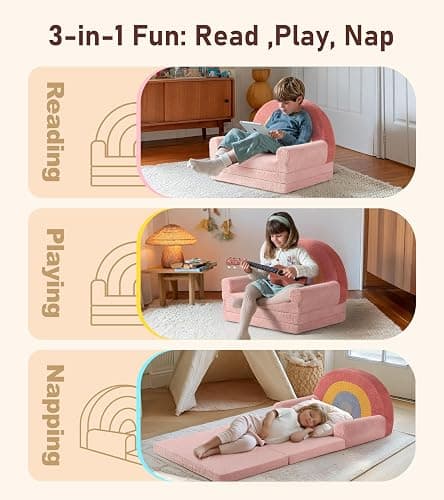 little dove Extra Wide Soft Toddler Couch Fold Out, 2-in-1 Kids Couch, Convertible Kids Sofa to Lounger, Comfy Toddler Chair, Kid Furniture for Playroom, Ideal Gifts for Boys & Girls, Pink thumbnail 5