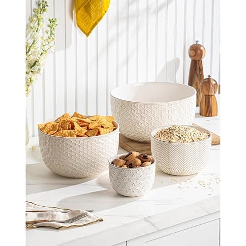 MIKIGEY Ceramic Mixing Bowls, Embossed Nesting Bowls Set of 4, Mixing Bowl Set for Serving, Baking, Cooking and Gift, Microwave and Dishwasher Safe, 20/47/99/148 oz, Off-White thumbnail 2