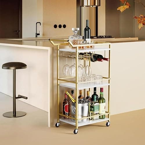 3 Tier Bar Cart Mini Liquor Utility Cart for Wine Beverage Dinner Party | Rolling Wine Coffee Drink Serving Cart with Lockable Wheels for Home Kitchen Bars (Gold) thumbnail 7