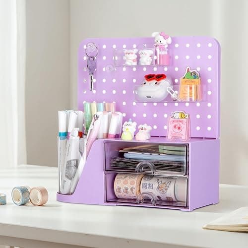Comix Desk Organizer with 2 Drawer, Purple 360 Rotating Pen Holder for Desk | Desk Organizers and Accessories with 5 Slots Pencil Holder+Pegboard+Drawer, Pen Organizer for Home School Art Office Supplies thumbnail 2