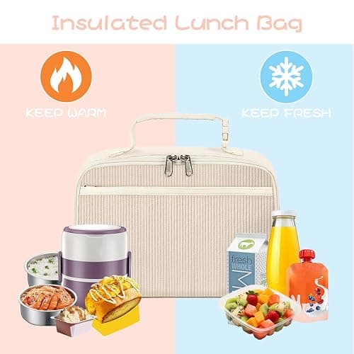 GODWOODS Cute Lunch Bag for Women & Men Corduroy Small Lunch Box with Cooler & Organizer Compartments Insulated Lunch Tote Bag for Travel Work (Beige) thumbnail 5