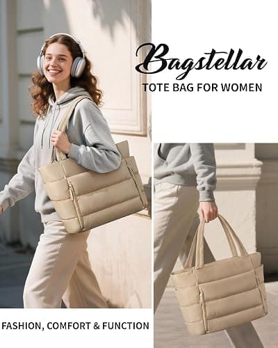 Puffer Tote Bag for Women, Lightweight Puffy Work Handbag Teacher Nurse Quilted Shoulder Bag for School Travel Gym thumbnail 8