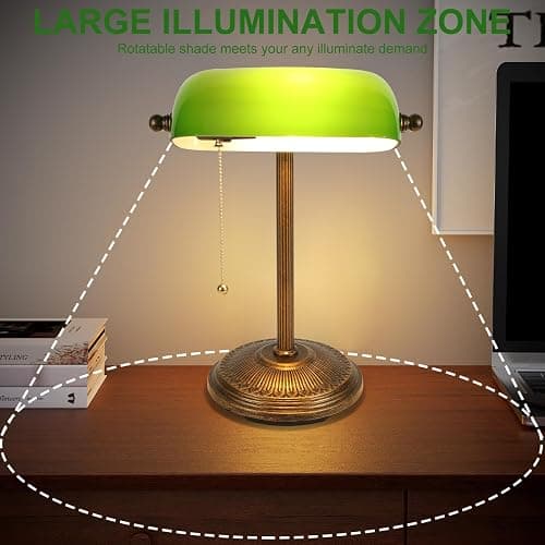 NISSAFORS Bankers Desk Lamp, Green Glass Shade, Vintage Desk Lamp with Pull Chain Switch, Retro Table Lamps for Home Office(Retro Gold+Green, Small) thumbnail 3