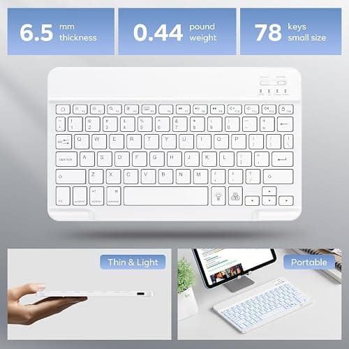 OMOTON Bluetooth Keyboard, Backlight Wireless Rechargeable Keyboard for iPad, iPad Pro, iPad mini, iPad Air with Illuminated LED (White) - White thumbnail 4