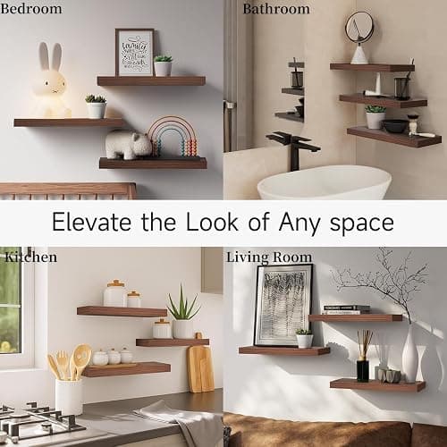 BAYKA Floating Shelves for Wall, Wall Mounted Rustic Wood Shelves for Bathroom, Bedroom, Living Room, Kitchen,Small Hanging Shelf for Books/Storage/Room Decor (Walnut-Like, Set of 3, 15.7in) thumbnail 8