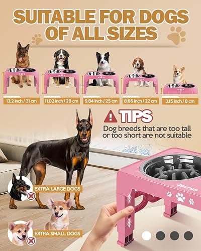 Jovrun Elevated Dog Bowls, Dog Feeder with Stainless Steel Dishes & Slow Feeder Bowl, 5 Heights Adjustable Raised Stand for Medium Large, Food Dishes with Non-Slip Feet thumbnail 2
