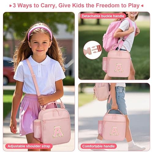CLOUDWINGS Initial Insulated Lunch Bag for Girls Kids, Back to School Gift, Reusable Leak-proof Lunch Box with Adjustable Strap for School Daycare Travel Picnic (Pink,A) thumbnail 4