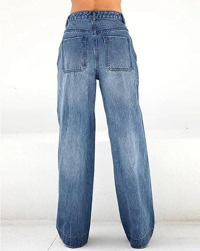 Womens Straight Wide Leg Jeans High Waisted Stretchy Baggy Denim Pants. thumbnail 4