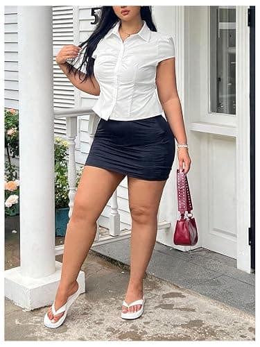SOLY HUX Women's Plus Size Button Up Fitted Blouse Collared Y2k Shirts | Short Sleeve, Tie Back Tops thumbnail 5