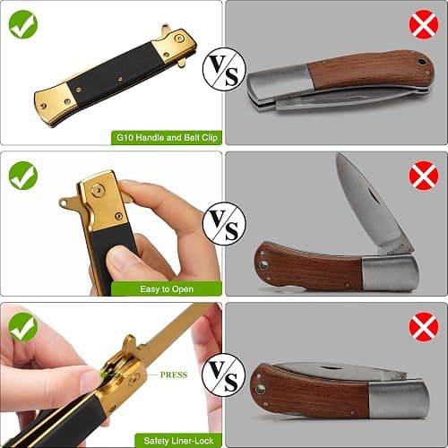 GVDV Folding Pocket Knife with G10 Handle, 7Cr17 Stainless Steel EDC Knife with Safety Liner-Lock, Camping Hunting Fishing Knife for Men Women, Gold thumbnail 5