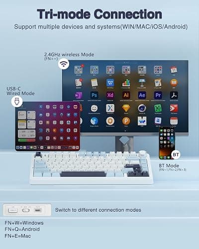 AULA F75 75% Wireless Mechanical Keyboard, Hot Swappable Creamy Keyboard, Pre-lubed Reaper Switches, 2.4GHz/Type-C/BT5.0, RGB Backlit Gaming Keyboards(White & Blue) thumbnail 3