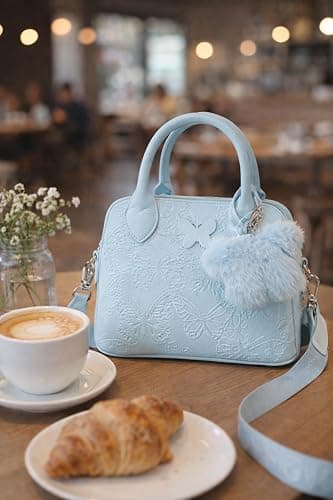 Betsey Johnson Butterfly Embossed Satchel Handbag, Light Blue, with Crossbody Strap and Faux Fur Charm, 10x8 in thumbnail 2