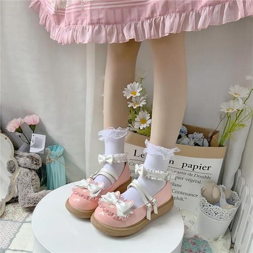 Women Lolita Shoes Heel Mary Jane Lace Pumps with Bow Kawaii Cute Cosplay Wedge Boots Cross Strap Block Heel Sweet Style thumbnail 3