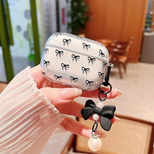 MINSCOSE Compatible with AirPods Pro 2 Clear Case,Cute Bow Pattern Pretty Ribbon Aesthetic Design with Bow Pearl Keychain,Soft TPU Protective Shockproof Case for Women Girl for AirPods Pro 2-Black thumbnail 3