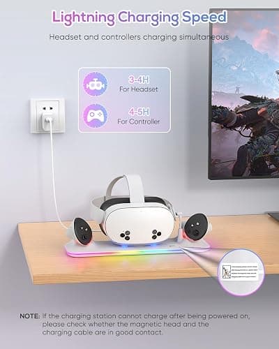 Charging Dock for Meta Quest 3S/3, Kinwin Magnetic Charging Station for Oculus Quest 3S/3 Accessories with RGB Light, Charging Stand for VR Headset and Controller with 2 Rechargeable Batteries (White) thumbnail 3