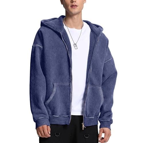 FAIABLE Mens Womens Double Zip Up Hoodie Oversized Acid Wash Hoodie Heavyweight Fleece Cotton Zipper Sweatshirt Vintage thumbnail 2