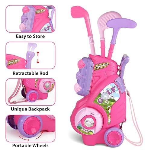 Jovizo Toddler Golf Set for Girls Boys 2 3 4 Years Old, Upgraded Kids Golf Cart with 3 Clubs & 8 Balls, Outdoor Indoor Sports Toys Birthday Gift, Pink - golf set thumbnail 3