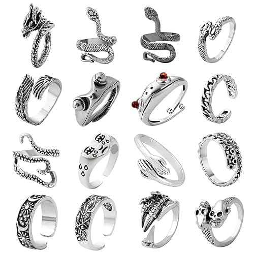 AIDSOTOU Mens Vintage Open Rings Set Frog Snake Skull Cool Punk Goth Ring for Men Women Adjustable (Silver-16 PCS) - Image 1