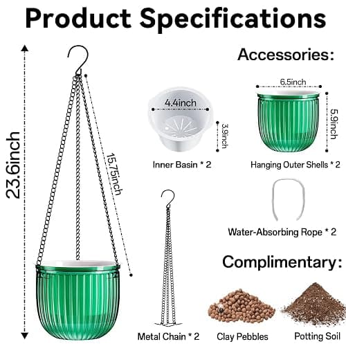 Halatool 2 Pack Self Watering Hanging Planters for Indoor Plants - 6.5 Inch Outdoor Hanging Flower Pots with 2 Metal Chains for Garden Home Wall Decor (Peacock Green) thumbnail 3