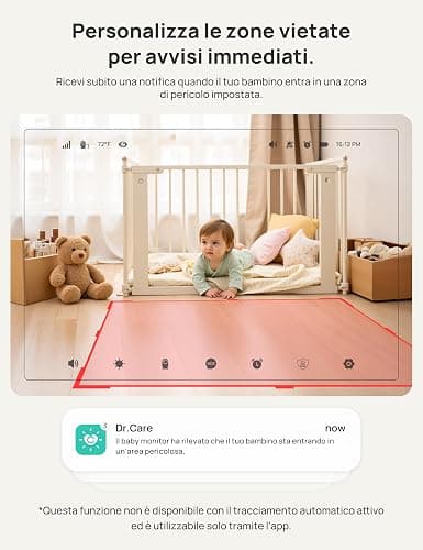 Dr.Care Baby Monitor WiFi 2K, 5", App, supporto a clip & allarme movimento | Tracciamento persone,rilev. suono/movimento/temp./umidità, batt rimov. 5000mAh, portata 390m, visione nott. HD, VistaView RB thumbnail 4