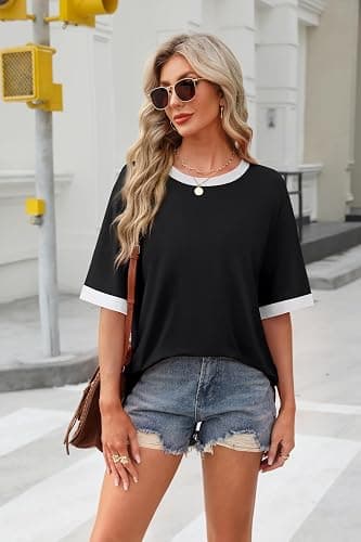 OFEEFAN Summer Tops for Women 2025 Short Sleeve Shirts Dressy Casual Crew Neck Tshirts Fashion thumbnail 3