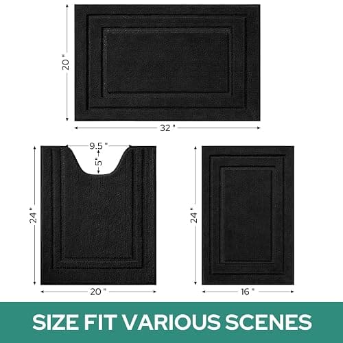 HOMEIDEAS Bathroom Rugs Sets 3 Piece, Super Soft and Absorbent Non Slip Microfiber Toilet Bath Mat with U-Shaped (Black) - 1'4" x 2'8" (16"x24"+20"x32"+U Shape 20"x24") - Loop- Black thumbnail 2