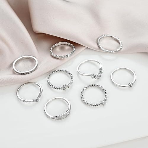 PLOMFOV 14K Silver Plate Stacking Rings Set for Women V Opal Flower CZ Rings Simple Thumb Thin Stackable Rings Silver Statement Rings Plain Band Size 4-11 thumbnail 6