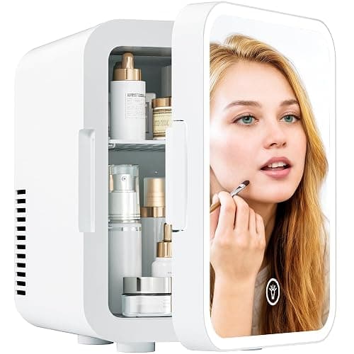 EUHOMY Skincare Fridge, 5 Liter Mini Fridge for Bedroom with Dimmable LED Mirror, AC/DC Portable Cooler & Warmer for Skincare, Cosmetics and Food, Makeup Fridge for Bedroom, Car & Office, White - Image 1