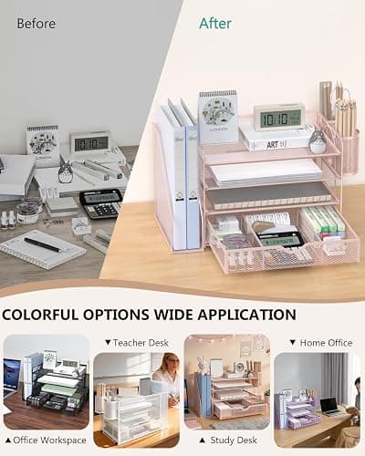 WALI Desk File Organizer, 4 Tier Desktop Paper Letter Tray Organizer with Drawer and 2 Pen Holders, Office Desk Accessories & Workspace Organizers for Office, Home Supplies(DO005DH-P), 1 Pack, Pink thumbnail 7