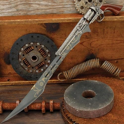 Steampunk Gun Blade Sword K Exclusive | 20 1/2" Rust Resistant Stainless-Steel Blade | Antique Finish | Laser-Etched and Engraved Accents | Spinning Barrel | Nylon Sheath Included | 26" Overall Length thumbnail 6