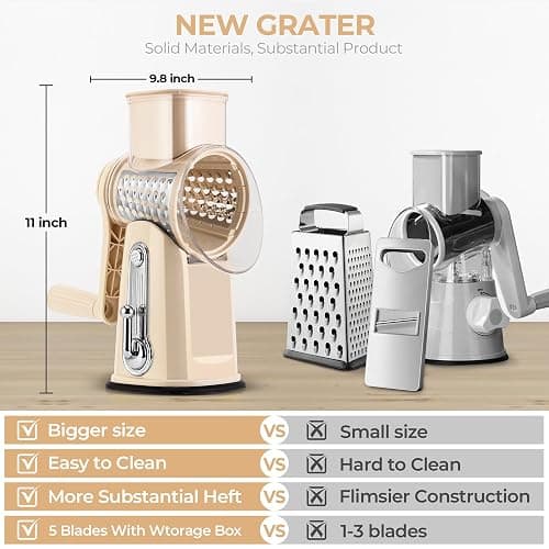 SUSTEAS Rotary Cheese Grater with Handle - Vegetable Shredder with 5 Well-designed Blades & Strong Suction Base,Round Mandoline Slicer & Food Chopper for Kitchen,with Blade Storage Box(Beige) thumbnail 3