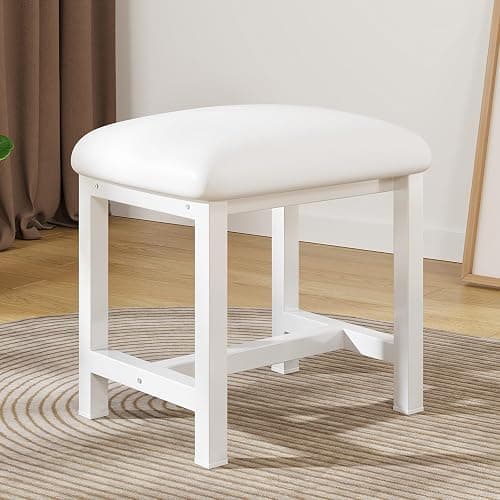 WBKATN White Vanity Stool, Small Vanity Chair, Cute Makeup Bench Seat with Leather Cushioned, Desk Stools for Bedroom, Bathroom, Entryway, Living Room, Office - Image 1